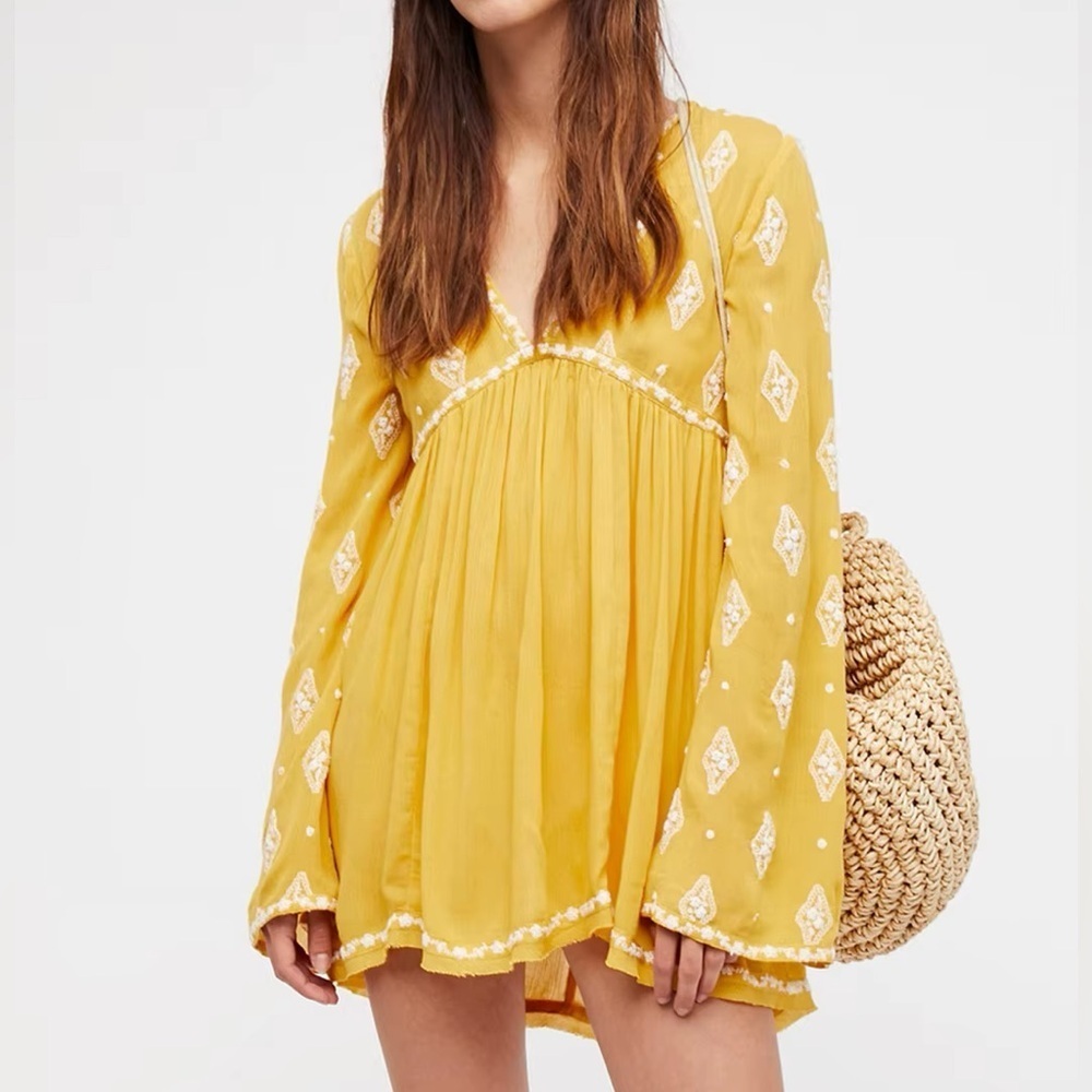 In Loom FreePeople Mustard V-Neck and Back Opening Embroidered Tunic
